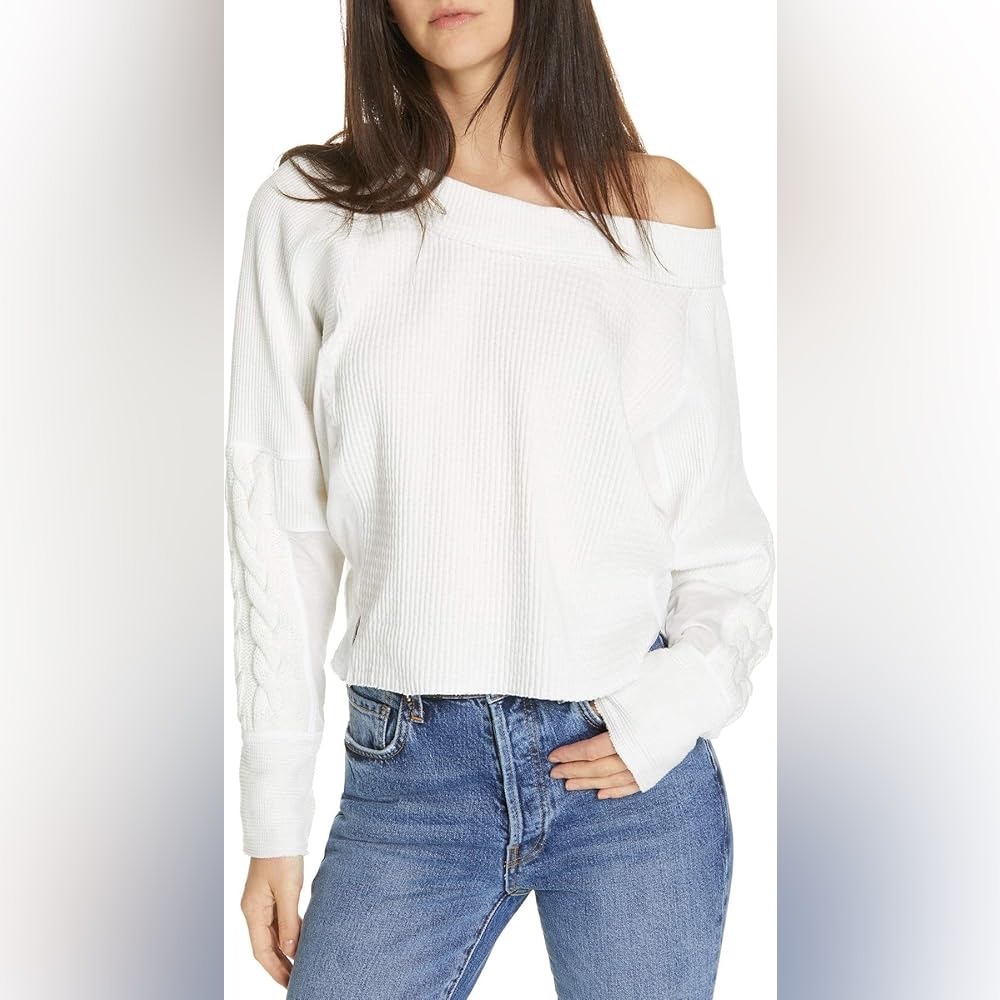 Free People Josie Waffle Knit Top Sweater Ivory White Cable Braided Sleeve